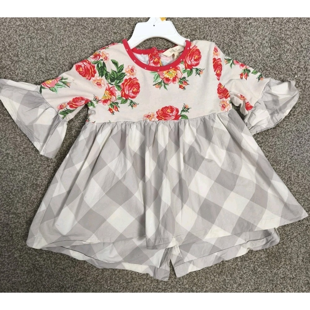 Matilda Jane Girls Tunic Top Size 4 Gray Gingham Floral Ruffle Sleeve Cottage